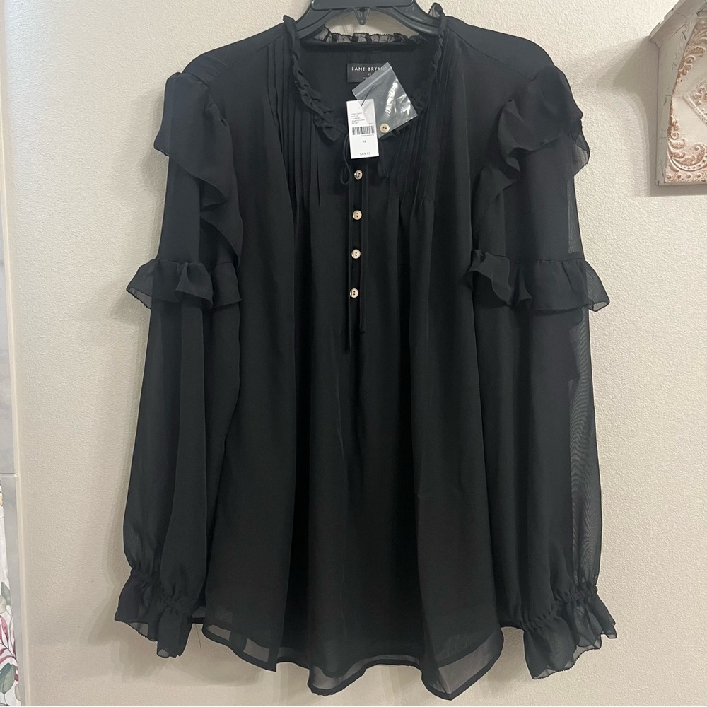 NWT Lane Bryant Black Chiffon Layered Ruffle Blouse 22 Gold Buttons Pleated Neck